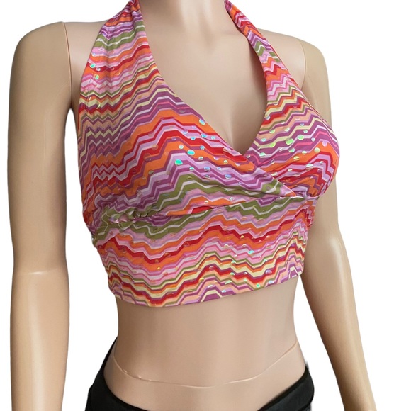 Formula X Tops - Vintage Multi-colored halter top with shiny goldish embellishments